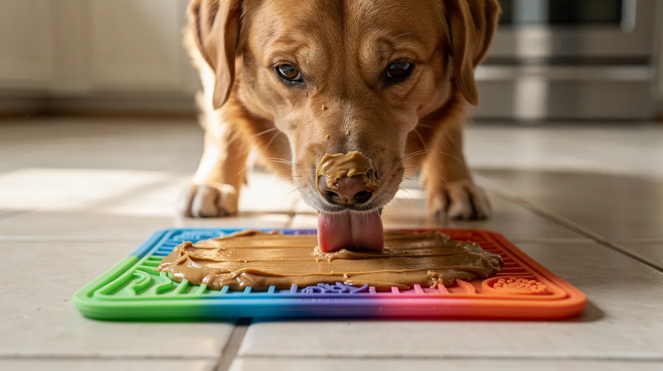 A dog is happily licking peanut butter spread on a frozen silicone lick mat placed on the kitchen floor, engaging in a fun and mentally stimulating activity that promotes relaxation and keeps the dog entertained. This enrichment activity provides an opportunity for the dog to use its natural instincts while enjoying a tasty treat.