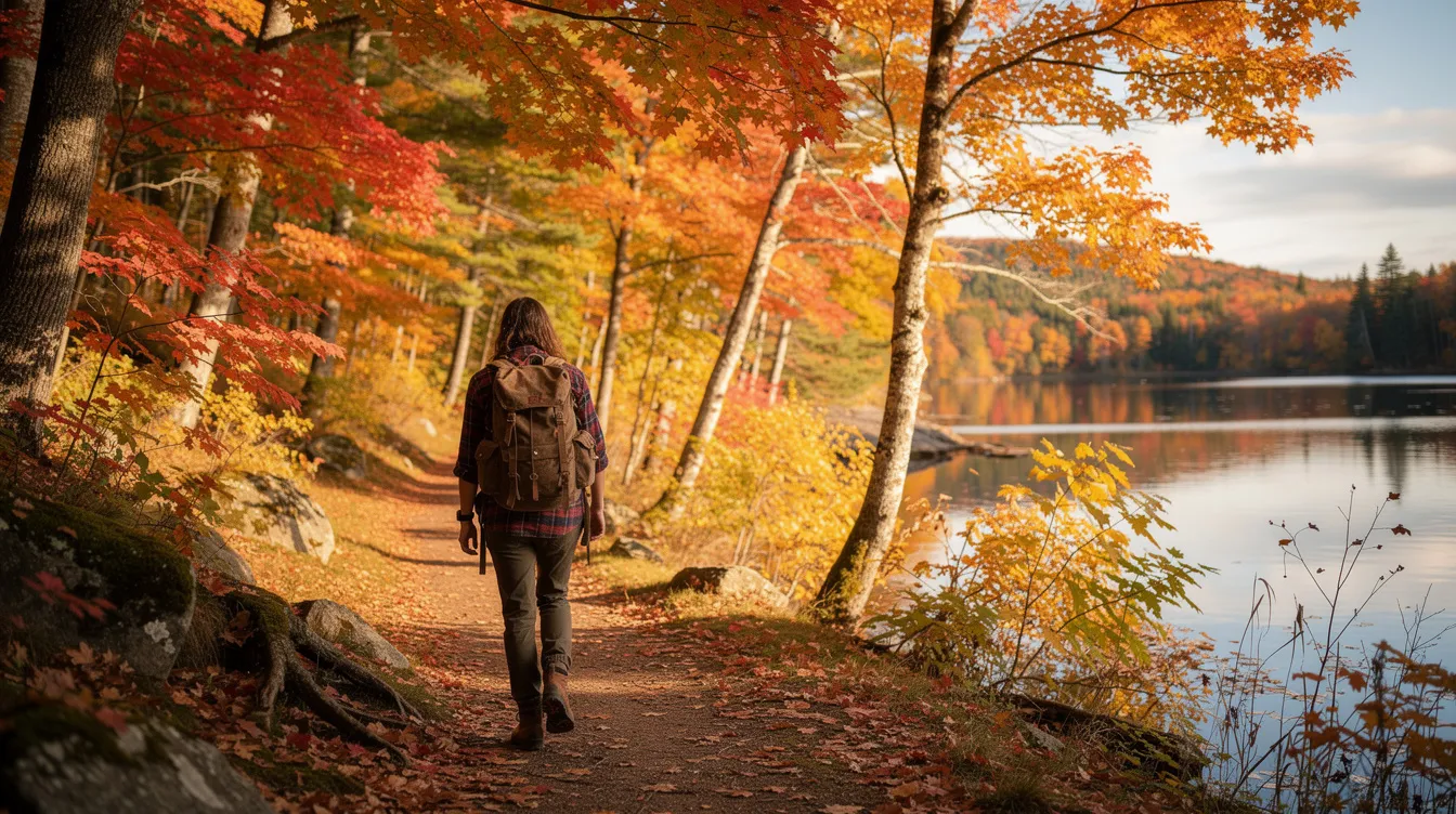 A hiker walks along a wooded trail in Maine, surrounded by vibrant autumn foliage, with a serene lake visible in the background. This peaceful scene highlights the natural beauty of Maine's state parks, where outdoor enthusiasts can enjoy the outdoors while being mindful of local gun laws and safety regulations.