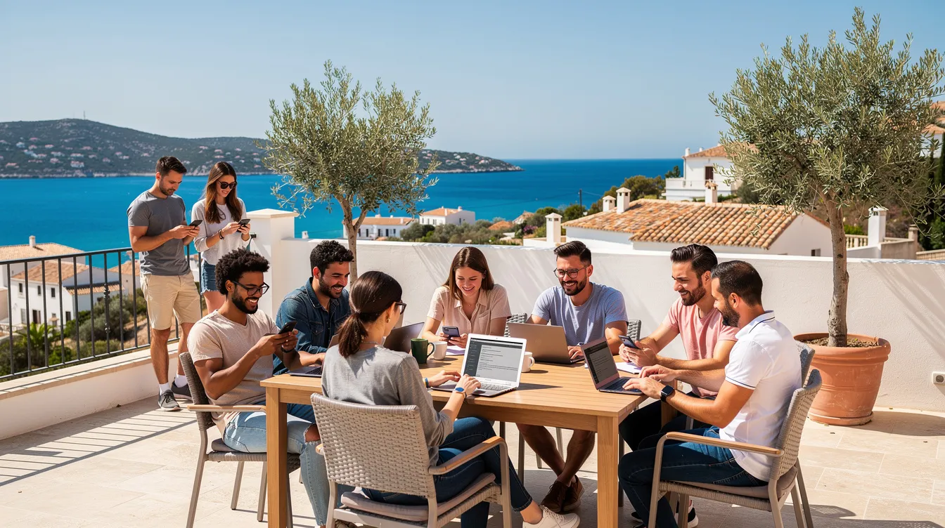 A diverse group of people is gathered on a sunny outdoor terrace, engaged with their phones and laptops, set against a beautiful Mediterranean backdrop. This scene highlights the modern trend of digital banking, where individuals can manage their finances, such as opening a Spanish bank account or transferring money, while enjoying the vibrant atmosphere of Spain.