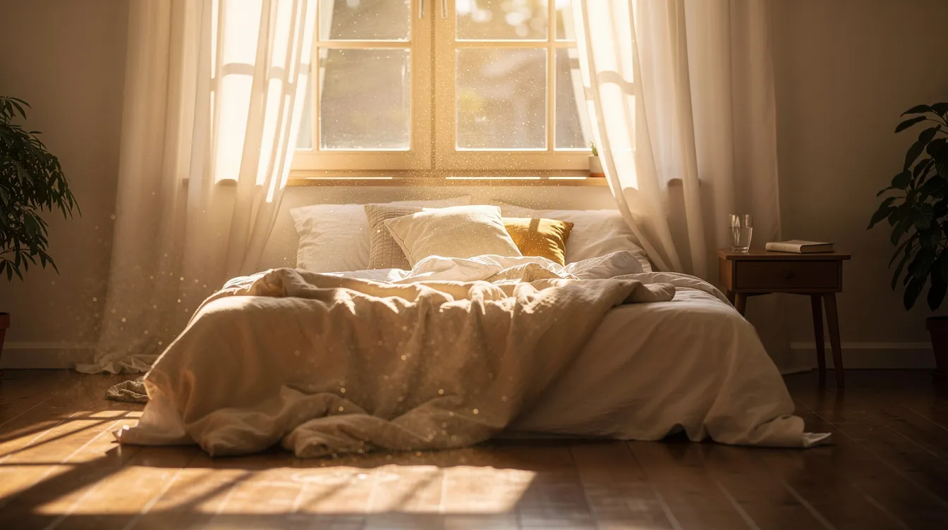 The image depicts morning sunlight streaming through a window into a cozy bedroom, creating a warm and inviting atmosphere that promotes healthy sleep habits and a restful sleep environment. This natural light can help regulate the circadian rhythm, encouraging a consistent sleep schedule and better sleep quality.