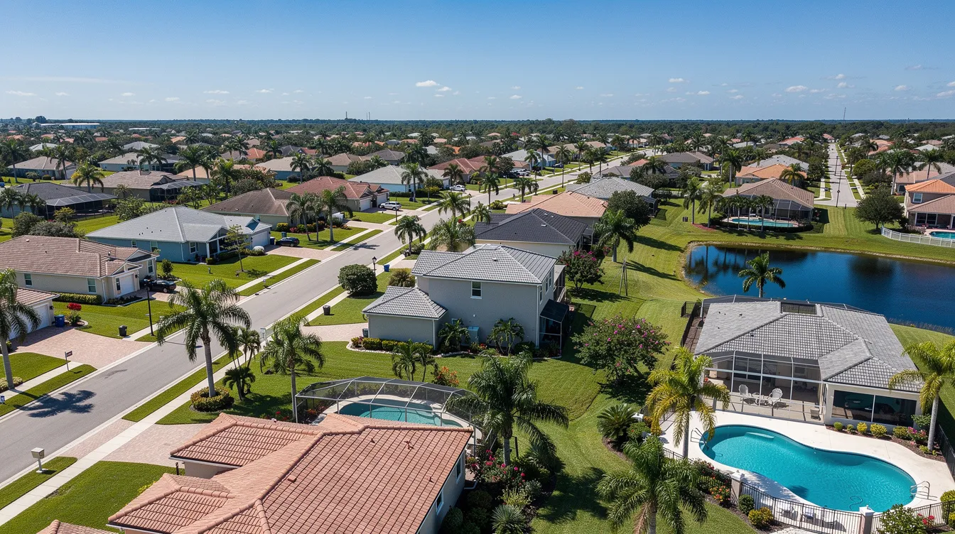 An aerial view of a Central Florida suburban neighborhood showcases neatly arranged houses with swimming pools and lush palm trees under a clear blue sky. This vibrant scene reflects the essence of local life in Orlando, where digital marketing services can help local businesses enhance their online visibility and attract more customers.