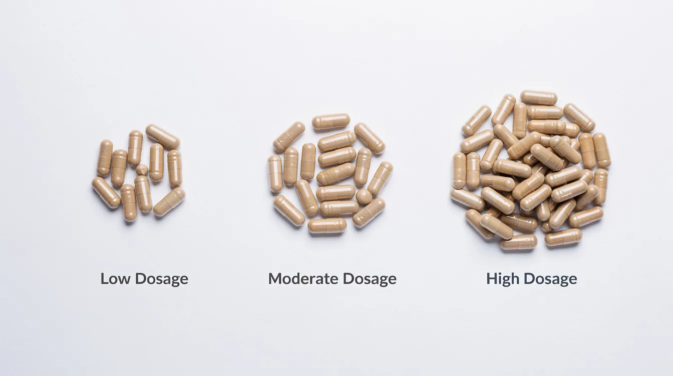 The image shows supplement capsules organized into three distinct groups, each representing different dosage tiers for nicotinamide mononucleotide (NMN) supplementation, highlighting options for optimal dosage to support metabolic health and potential anti-aging effects. The arrangement suggests various levels of NMN dose, which may influence energy production and muscle function in healthy middle-aged adults.