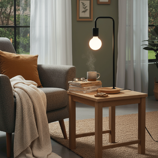 Minimalist vintage floor lamp with exposed round bulb and black metal stand, simple vintage lighting idea for a cozy reading corner.