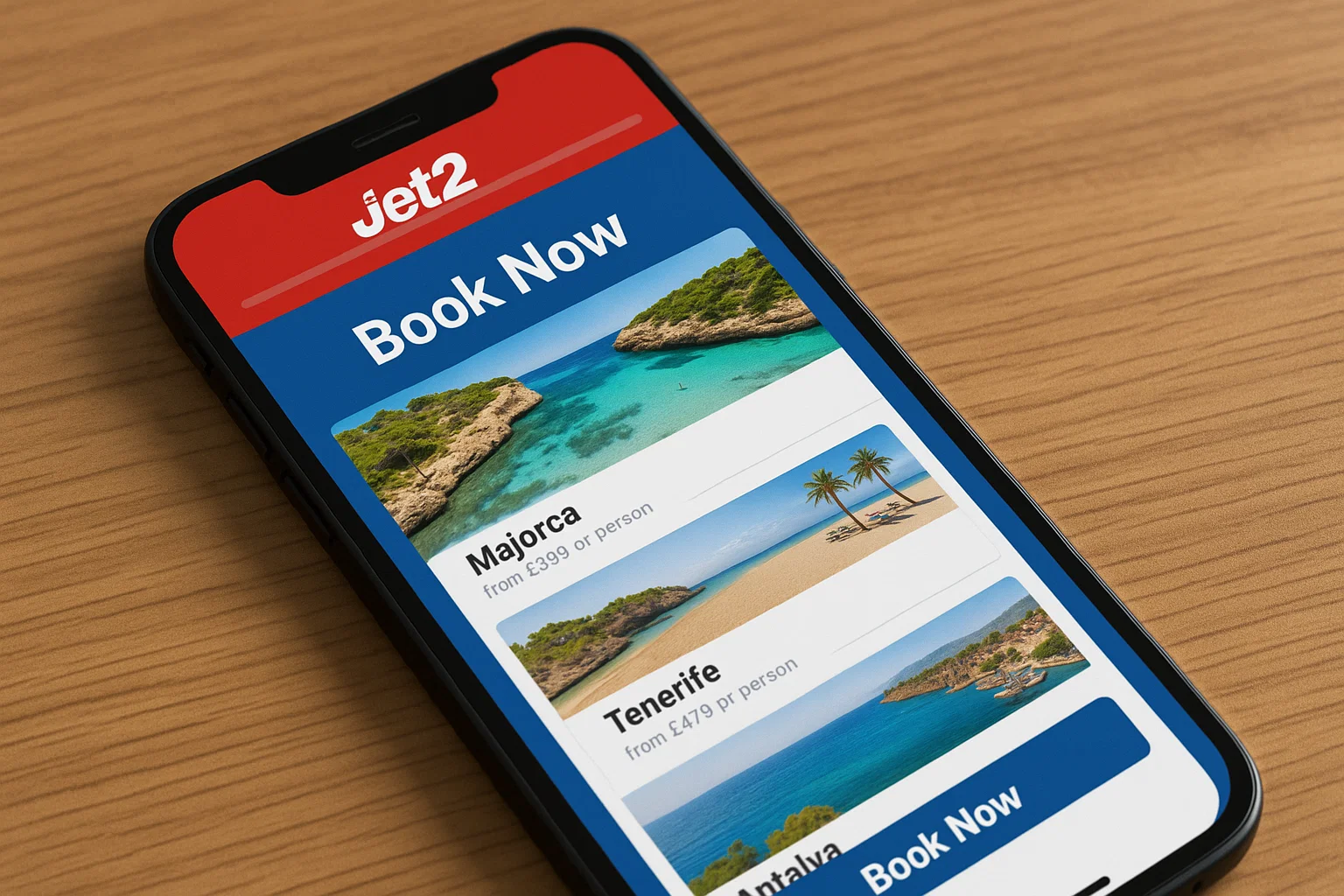 Fast-loading Jet2 mobile site with holiday offers and clear booking buttons.