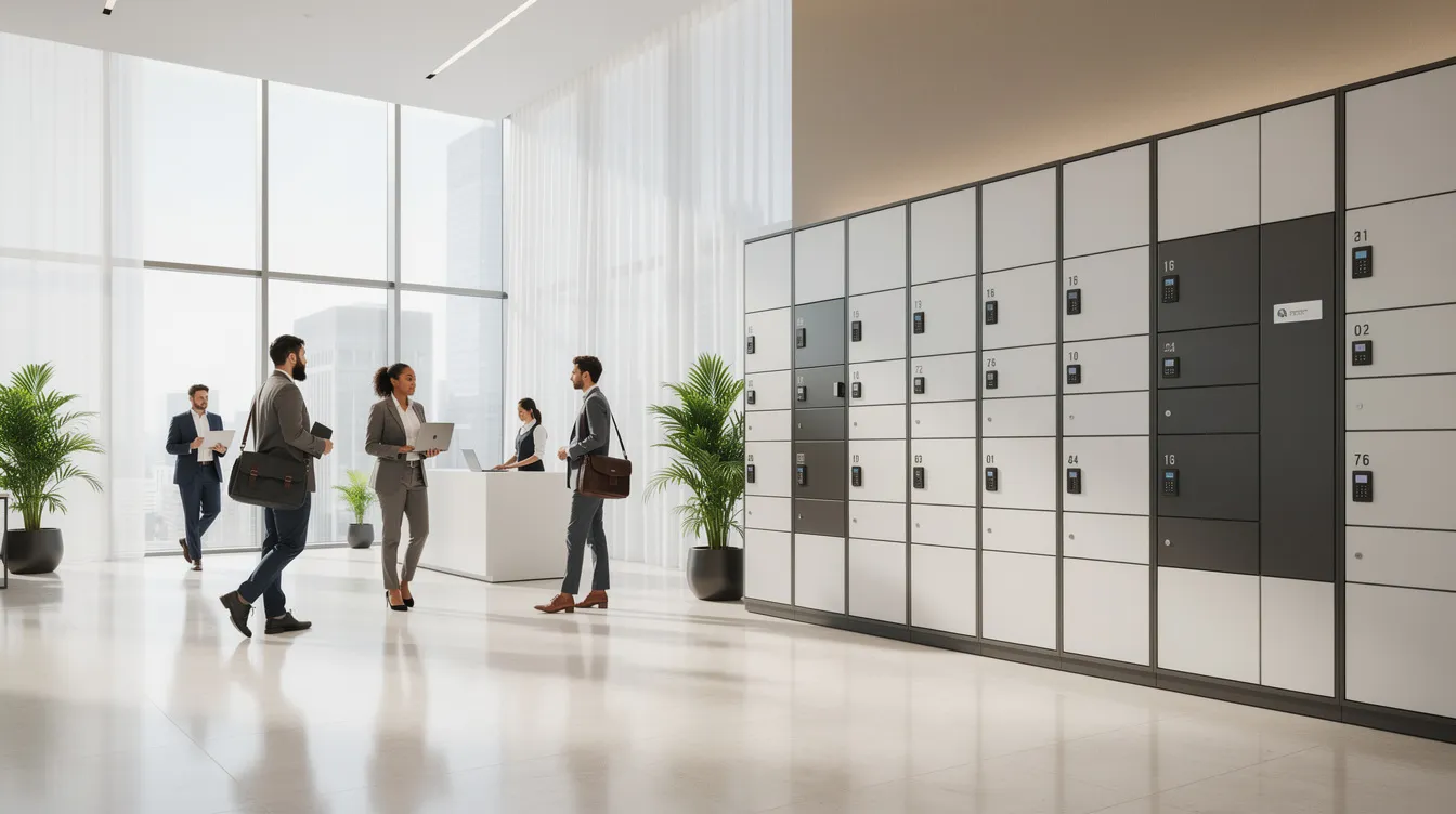 The image depicts a modern office lobby featuring a secure locker bank, with people walking nearby. The smart locker system is designed for security verification, providing a solution for user management and equipment storage in a business environment.