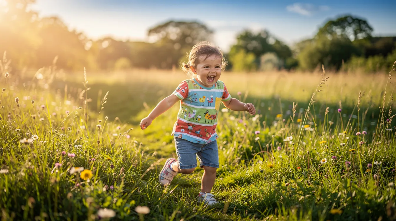 Ein Kind spielt fröhlich auf einer grünen Wiese, während die Sonnenstrahlen sanft auf es scheinen. Umgeben von bunten Blumen und Gräsern, genießt es die Freiheit und das Licht, während es in die Ferne blickt.