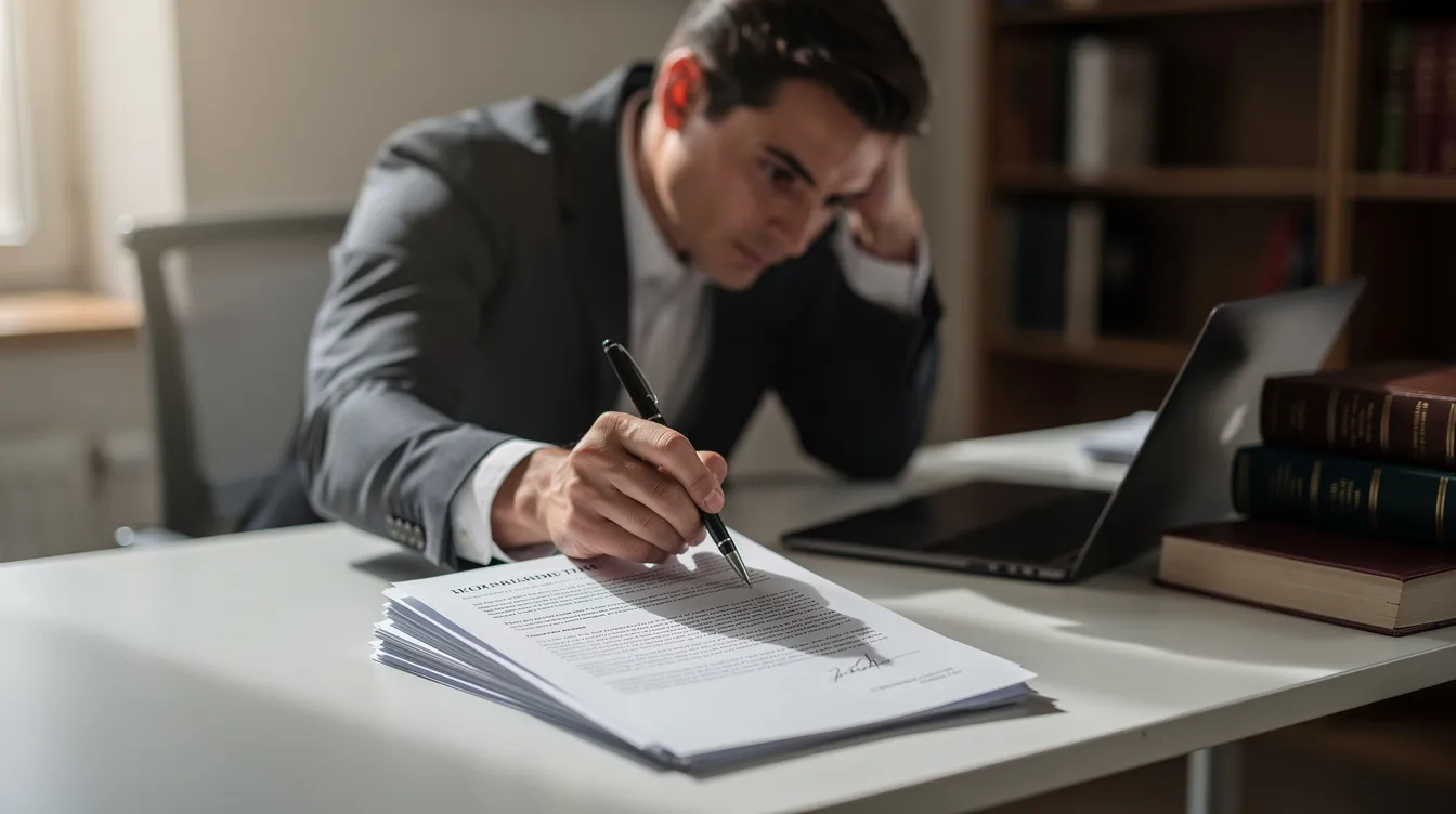 A person is carefully reviewing legal paperwork at a desk, surrounded by documents related to a divorce case, including forms and notices of entry. They appear focused on ensuring all relevant information is correct before submitting it to the court.