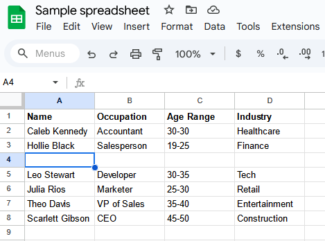 A screenshot of Google Sheets with a new row.