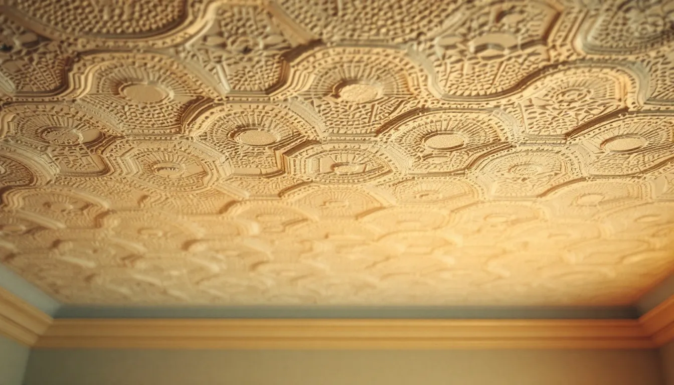 A close-up view of a textured artex ceiling showing its unique patterns.