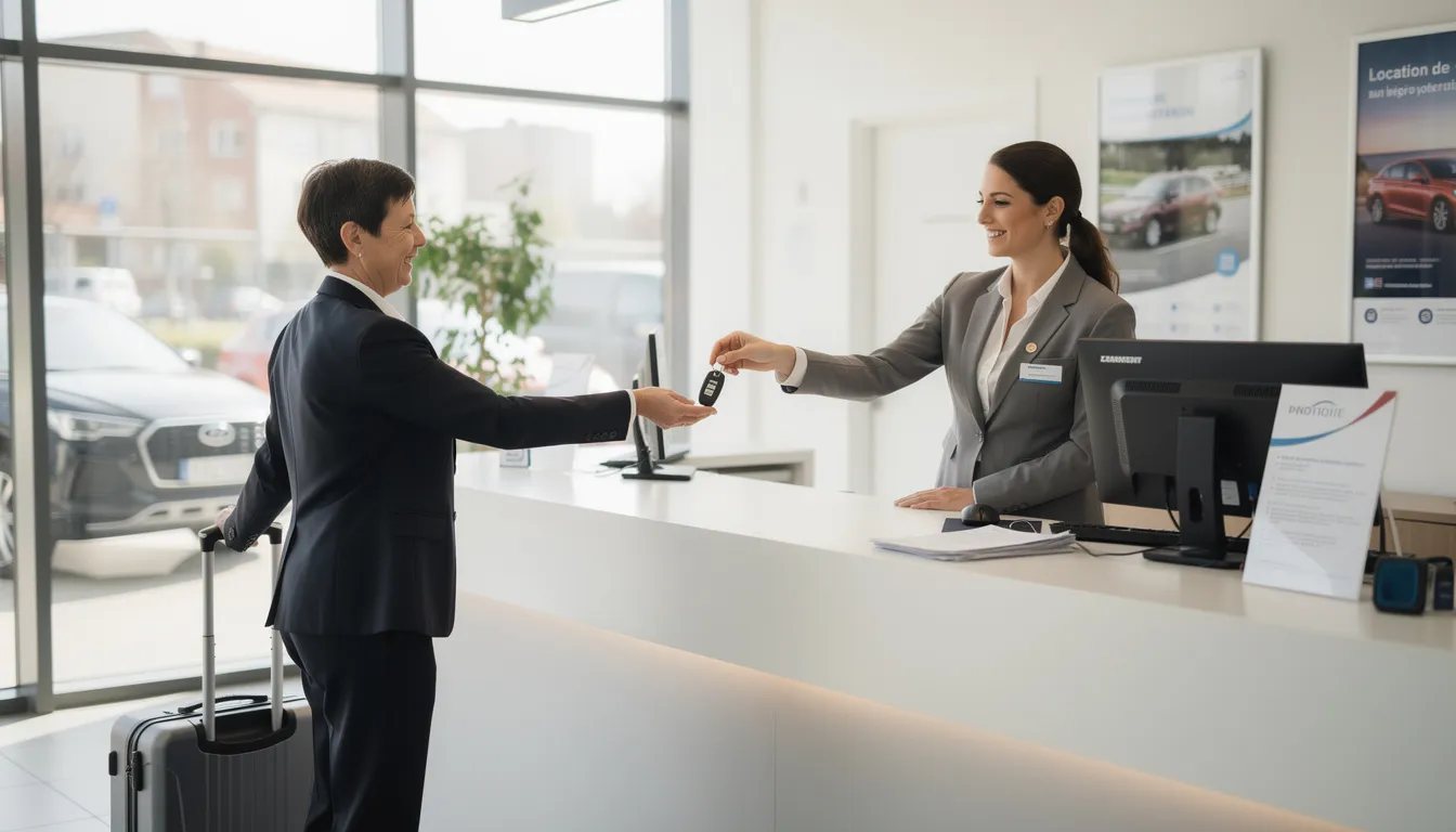 L'image montre un comptoir de location de voiture où un agent remet des clés à un client, symbolisant le début de la prise en charge d'un véhicule. Sur le comptoir, des documents tels que le contrat de location et des informations sur les moyens de paiement, comme les cartes de crédit et de débit, sont visibles.