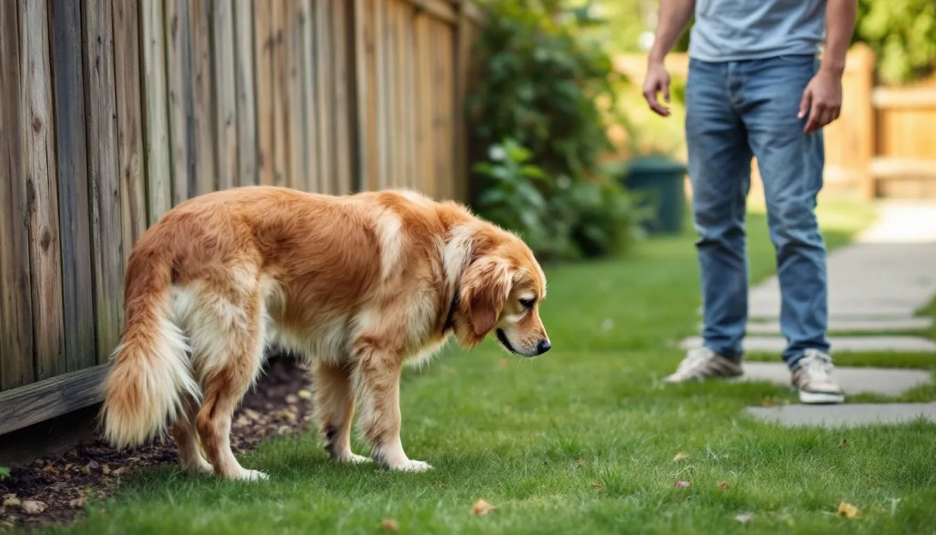 A dog is successfully eliminating outdoors while its owner stands nearby, demonstrating positive potty behavior. This scene highlights the importance of consistent training for house training and the benefits of a well-established routine for dogs.