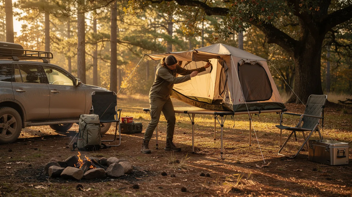 A camper is setting up a camping cot tent beside a parked vehicle in a serene wooded campsite, showcasing the ease of outdoor gear setup. The raised tent cot provides a comfortable sleeping space elevated off the ground, perfect for a night under the stars.