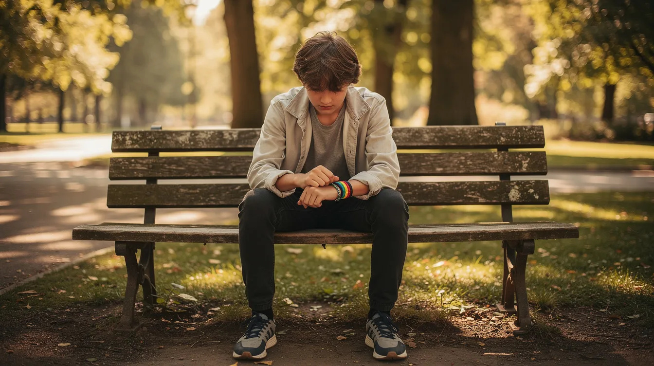 Ongoing Struggles and Achievements in LGBTQIA Rights 4 - Consent Culture A teenager sits alone on a park bench, gazing thoughtfully at a rainbow-colored bracelet on their wrist, symbolizing their journey of self-discovery related to gender identity and sexual orientation. Soft afternoon light filters through the trees, creating a serene atmosphere that reflects ongoing struggles and achievements in LGBTQIA rights.