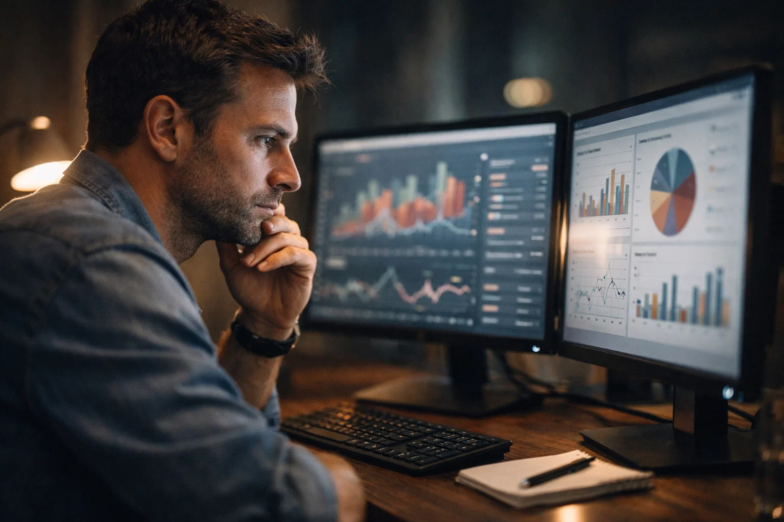 Marketing strategist analysing campaign data on dual monitors in a modern office environment.