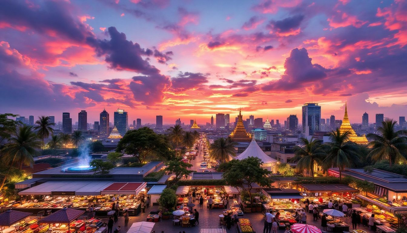 A stunning view of Bangkok's skyline from a rooftop bar.
