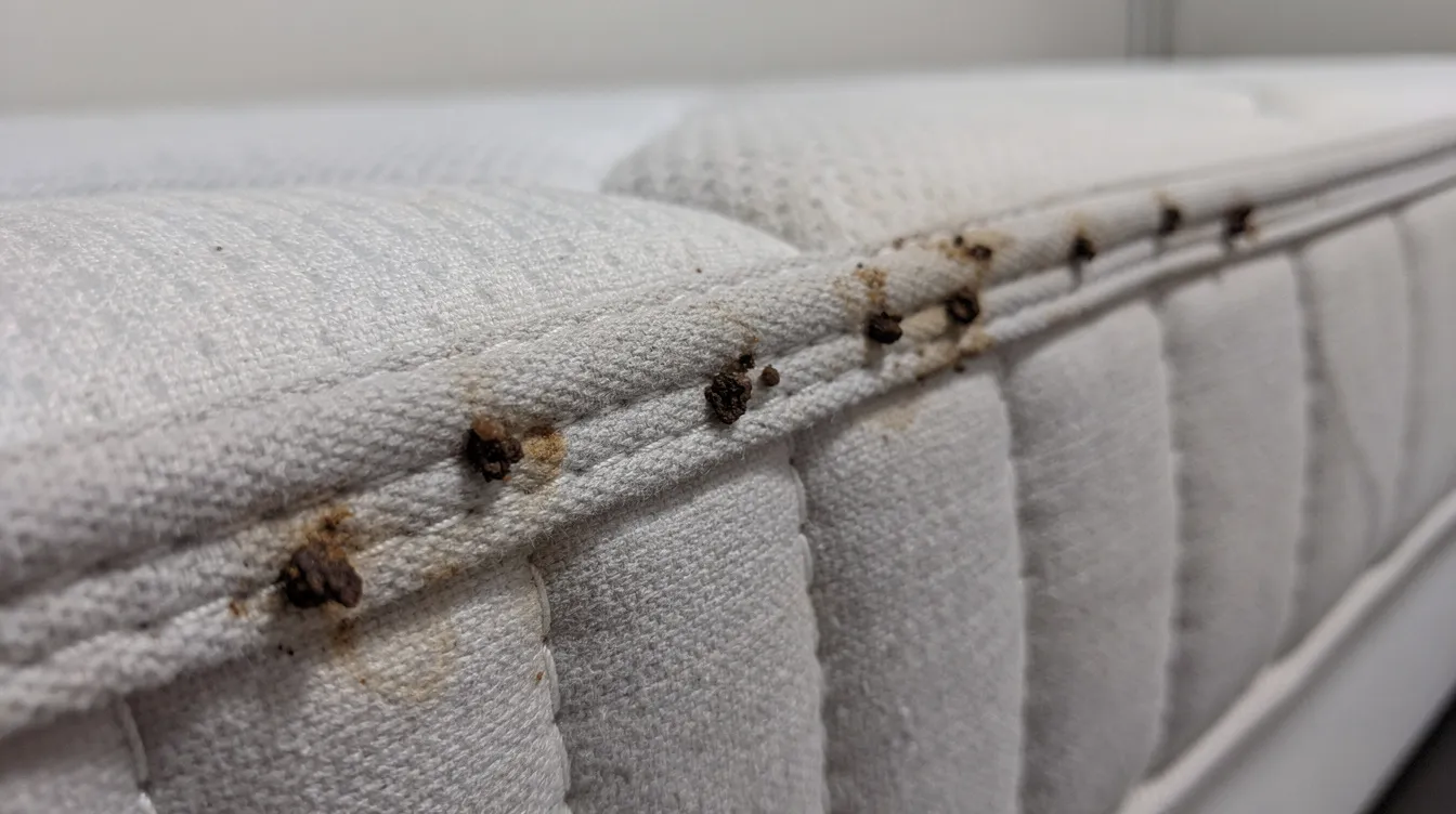 Bed Bug Identification: Complete Guide to Spotting Bed Bugs 3 The image shows dark fecal spots along the seam of a mattress, which are indicative of a potential bed bug infestation. These reddish-brown stains are often a sign that bed bugs have been feeding and may be hiding in the mattress or nearby crevices.