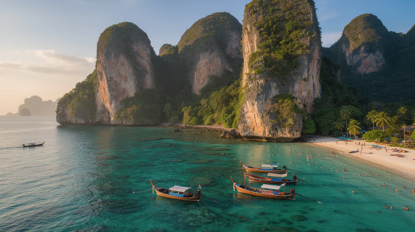 Imagem das Ilhas Phi Phi, mostrando a bela praia de areia branca e águas cristalinas do Golfo da Tailândia, com imponentes paredões rochosos ao fundo. Este destino paradisíaco é ideal para quem busca uma experiência de viagem inesquecível na Tailândia.