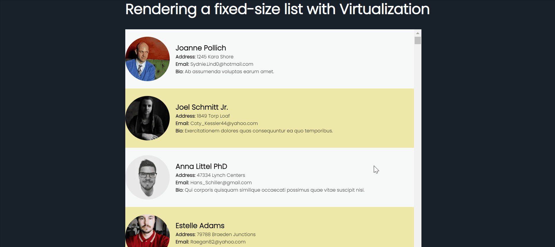 Rendering a fixed-size list with virtualization