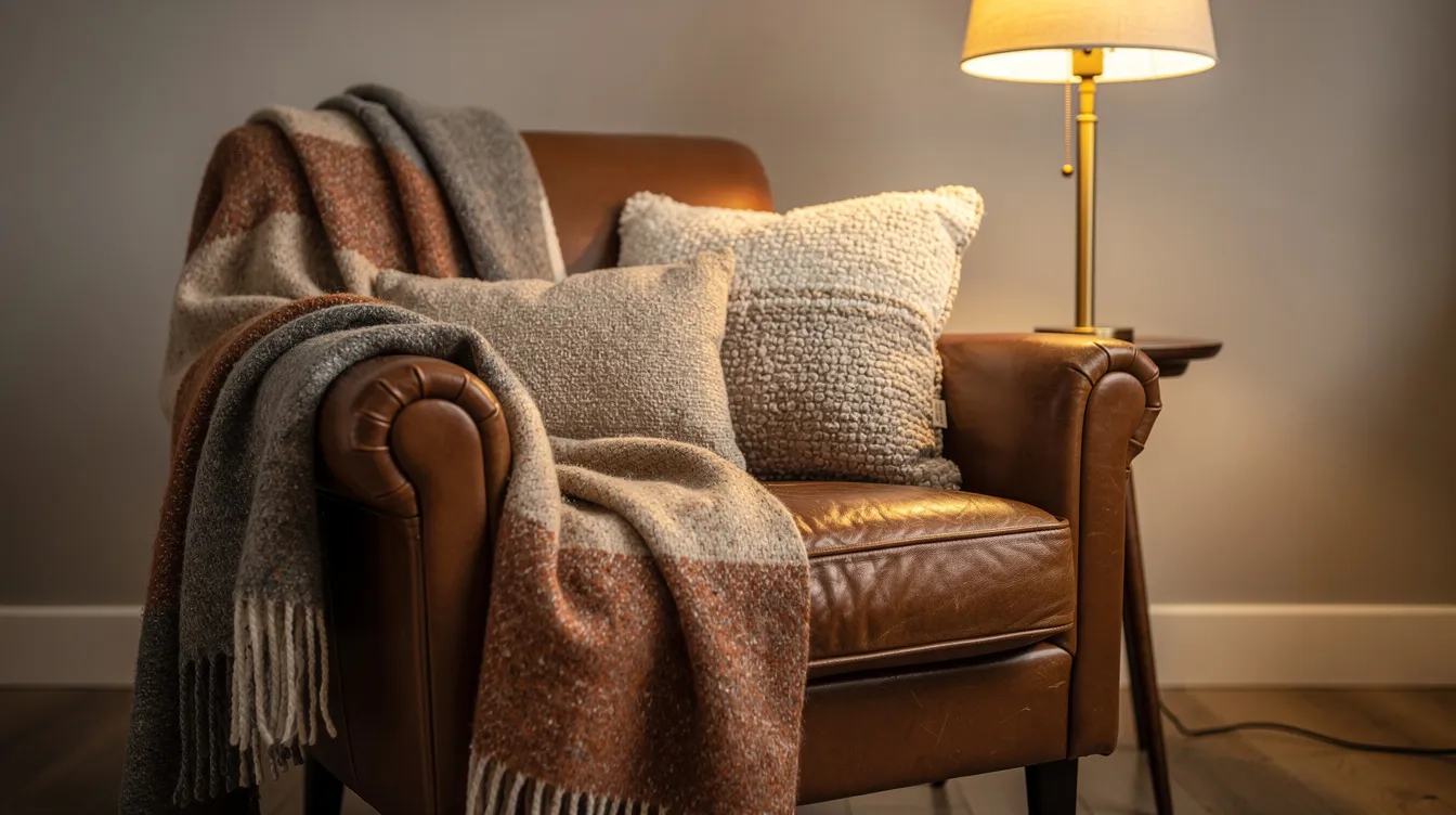 En mysig arrangemang av texturerade yllefiltar och bouclé-kuddar ligger på en läderfåtölj, bredvid en mässingsgolvlampa som sprider ett varmt ljus. Denna inredning i dansk stil skapar en elegant och tidlös atmosfär i hemmet.