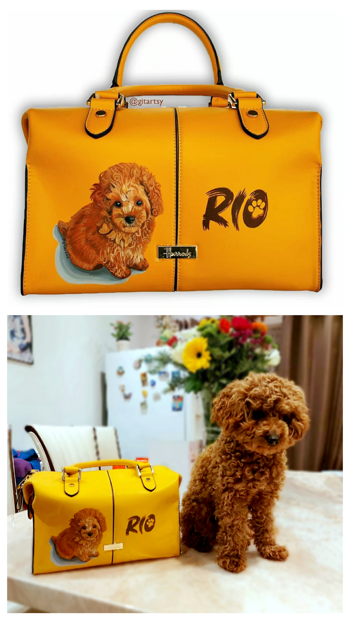Pet puppy toy poodle sitting on a table - with customised hand painted yellow bag 