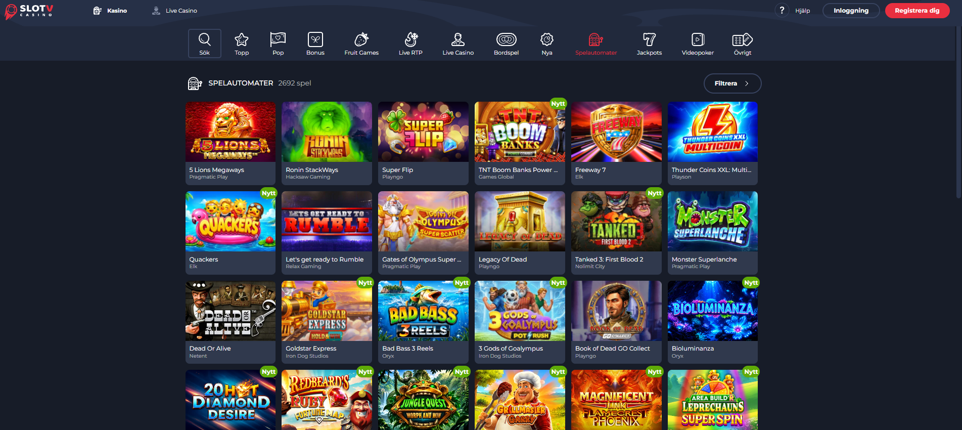SlotV Casinos startsida med Live RTP och olika spelautomater.
