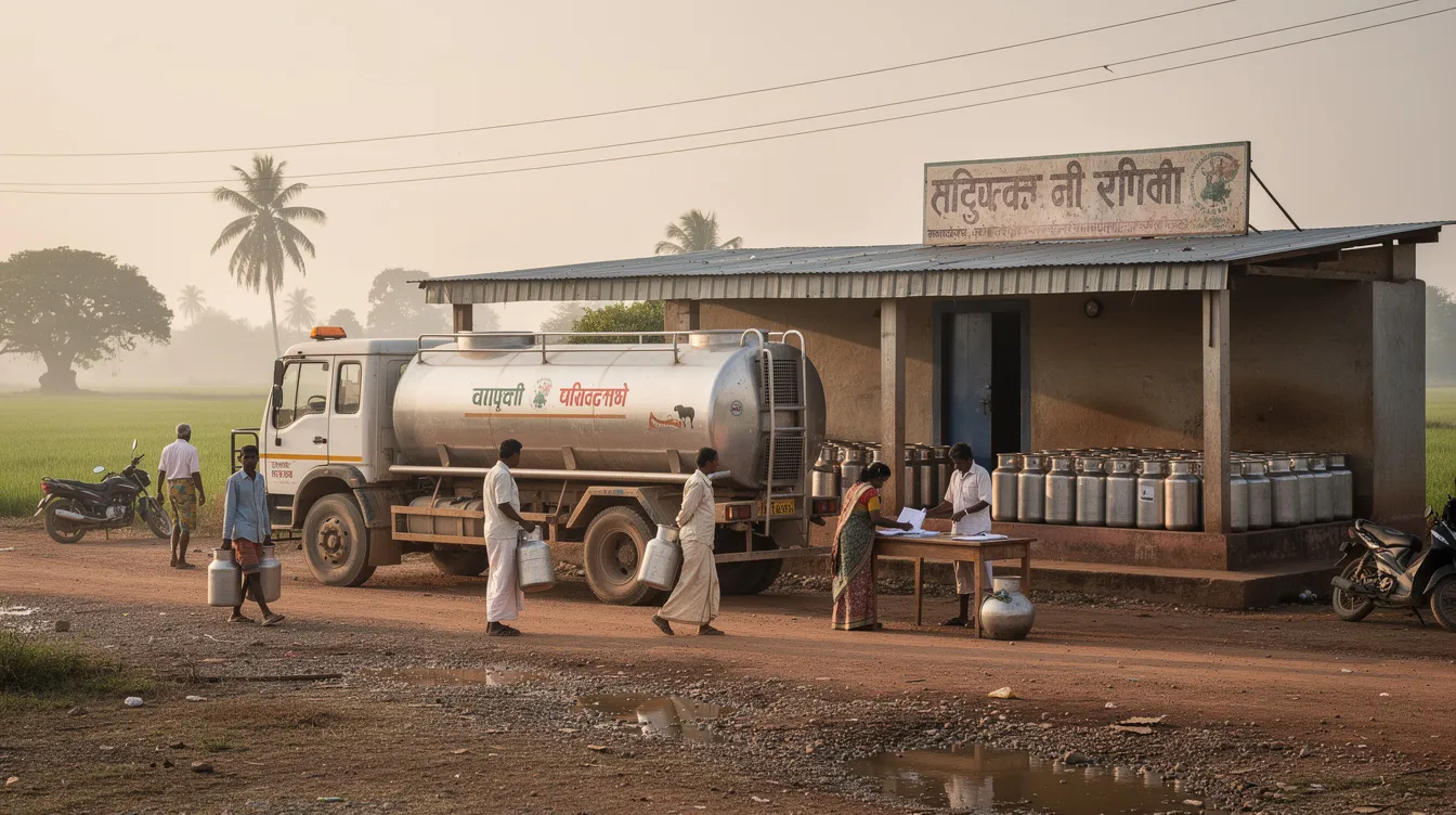 a51a2259 8cff 44ef b168 a43db41ae6f7 A refrigerated milk tanker truck is parked at a dairy collection center in rural India, ready to deliver fresh milk for cheese production. This facility plays a crucial role in the dairy industry, influencing investment decisions and understanding input costs essential for manufacturers evaluating capacity expansion in the cheese manufacturing plant.