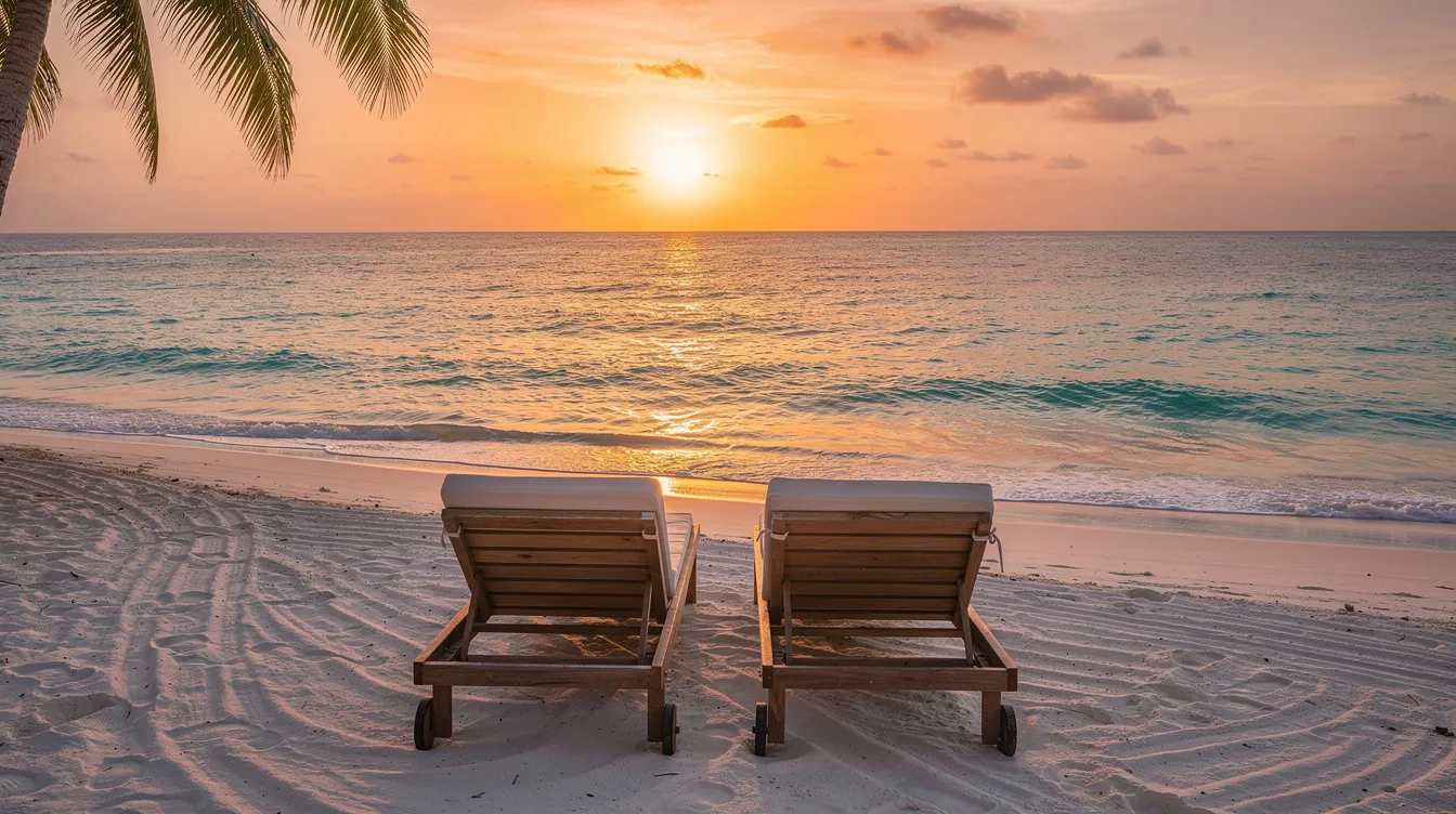 The image depicts a serene sunset view over a tropical beach, featuring two lounge chairs set on soft sand beside calm turquoise waters. This picturesque scene evokes the essence of a perfect beach vacation, inviting thoughts of packing essentials like beach towels, sun protection, and a beach bag for a relaxing getaway.