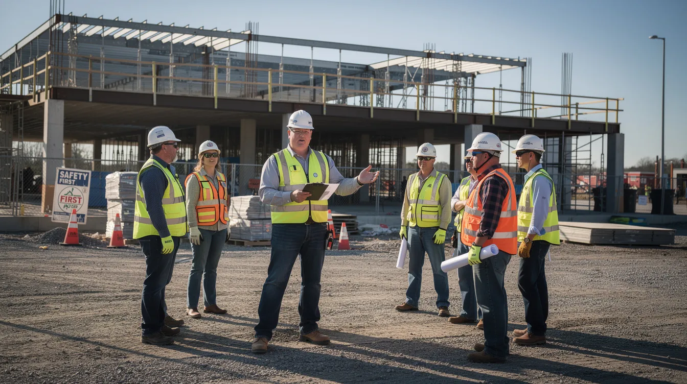 A construction superintendent leads a toolbox talk outdoors with a small crew, showing how regular jobsite communication can support both safety expectations and mental health awareness in construction.