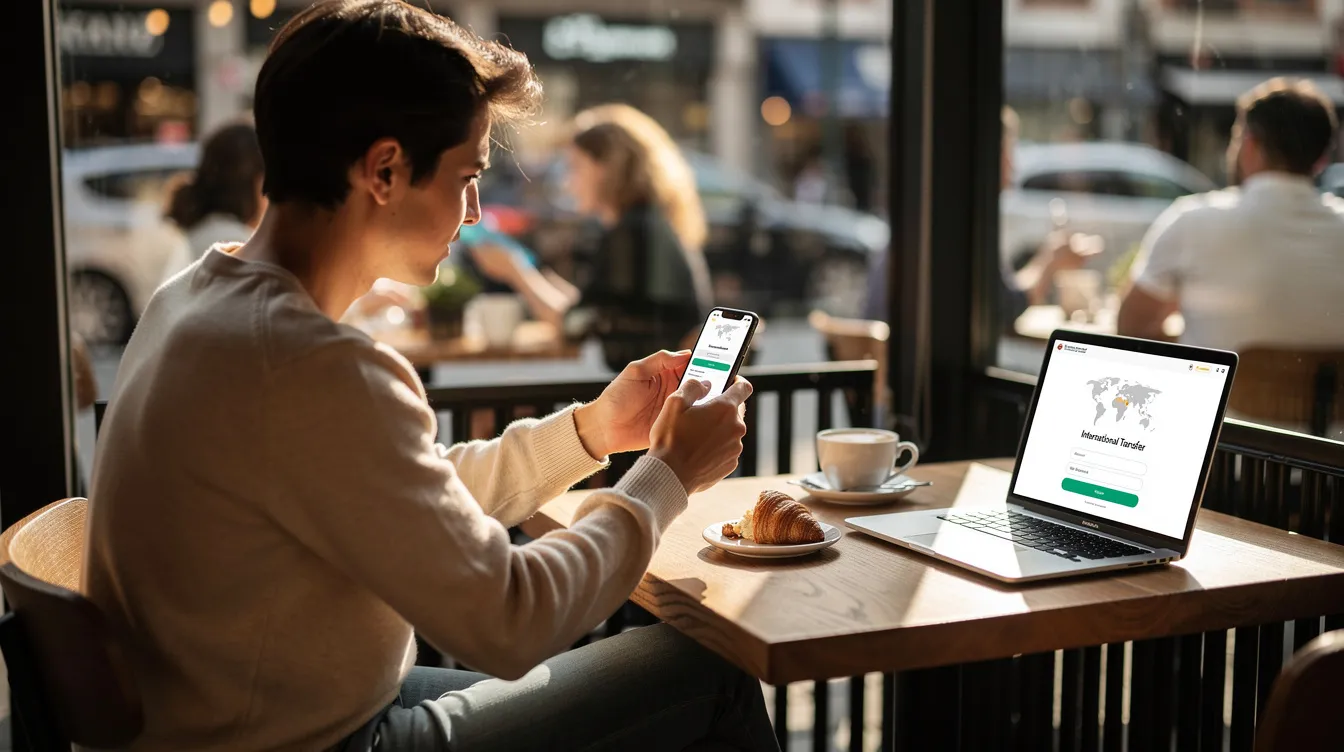 A person is sitting at a café, using a smartphone to send money abroad through an international money transfer service. The scene captures the convenience of digital banking, highlighting the process of transferring funds securely to an international bank account.