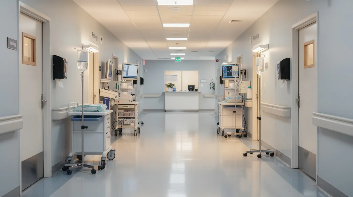 The image depicts a softly lit hospital hallway lined with medical equipment, highlighting the sterile environment often associated with healthcare settings. This scene emphasizes the importance of medical care and the potential for medical malpractice claims when negligent acts occur within such facilities.
