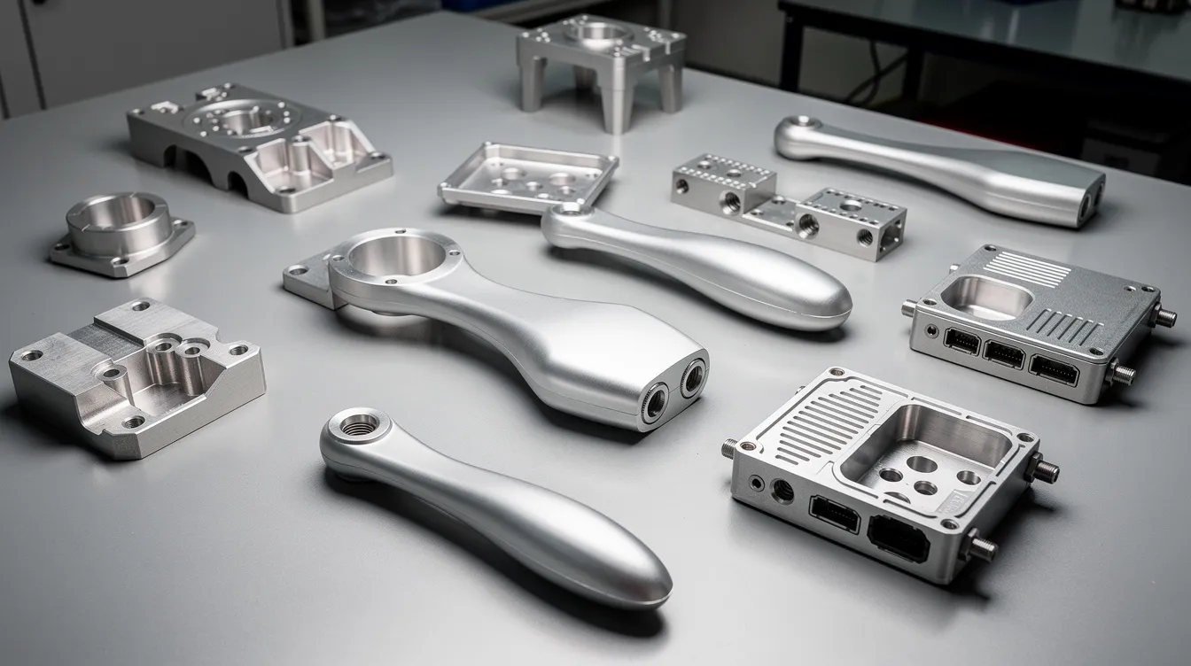 The image depicts a workbench scattered with various CNC machined parts, including aerospace brackets, medical instrument handles, and electronic housings, showcasing a range of materials such as stainless steel and aluminum alloys. This collection highlights the precision and quality of components used in diverse applications, emphasizing the importance of skilled machinists and advanced CNC machining services.