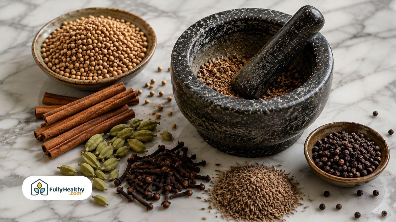 Whole masala spices beside mortar and pestle on kitchen counter.