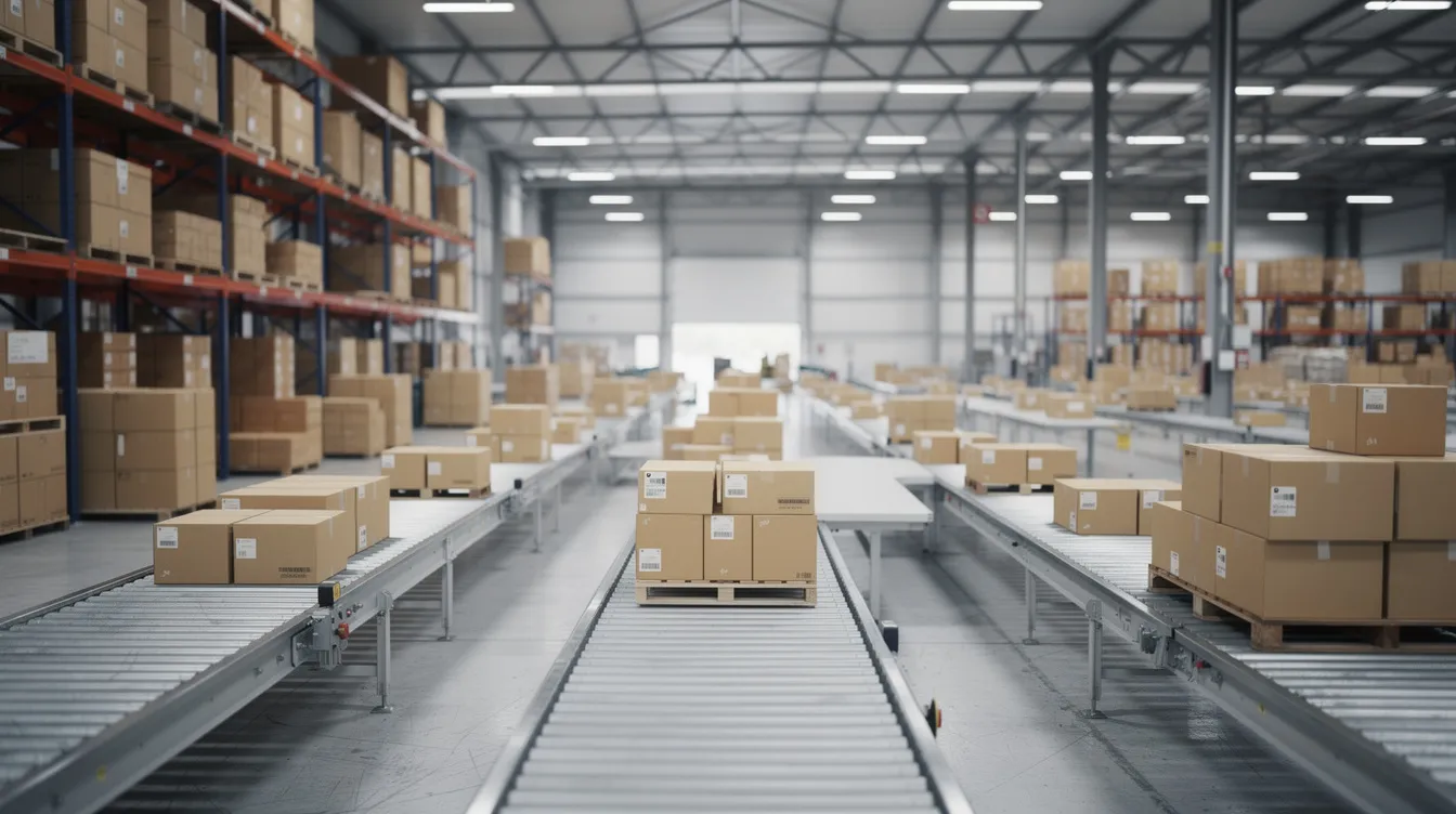The image depicts a busy warehouse filled with numerous cardboard shipping boxes lined up on conveyor belts, illustrating the efficiency of an e-commerce company like Temu in handling packages for customer satisfaction and secure checkout. The scene emphasizes the importance of service quality and the constant effort of the Temu team to ensure that products arrive safely and promptly.