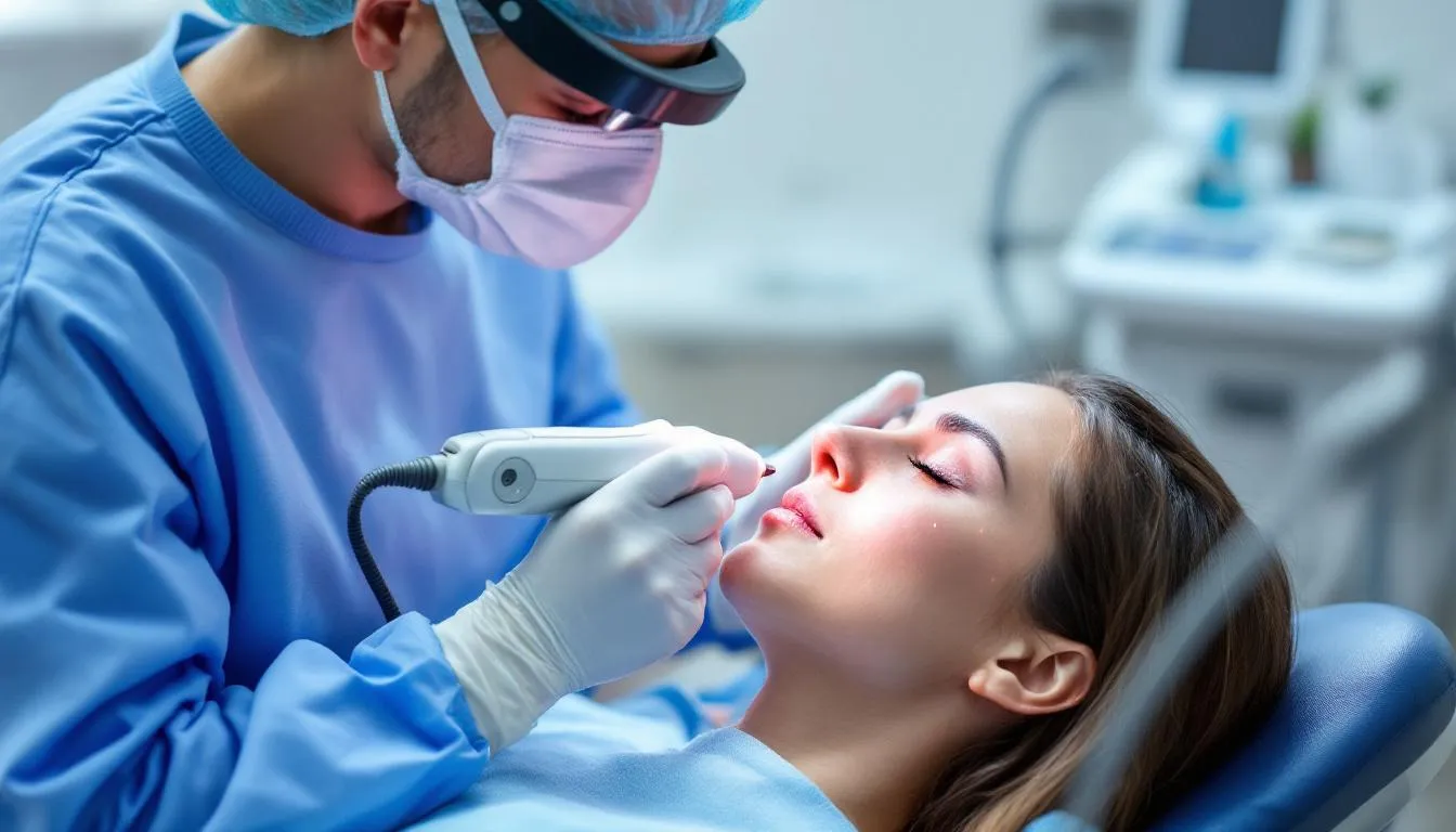 En la imagen se observa a un cirujano especialista realizando un procedimiento de blefaroplastia con láser CO2 en los párpados de un paciente, enfocado en la eliminación del exceso de piel y el rejuvenecimiento de la mirada. El entorno muestra un ambiente clínico con equipos médicos y luz adecuada para la operación, resaltando la calidad y profesionalismo del tratamiento.