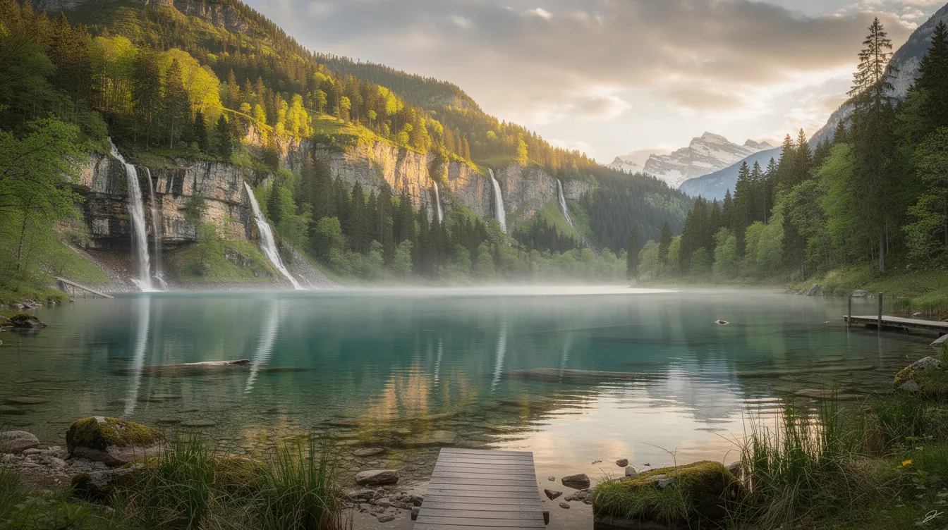 Vista panorâmica de um lago cristalino, rodeado por cascatas e florestas densas, destacando a beleza natural de um parque nacional na Europa, possivelmente na Croácia. A cena transmite tranquilidade e harmonia com a natureza, refletindo a rica biodiversidade da região.