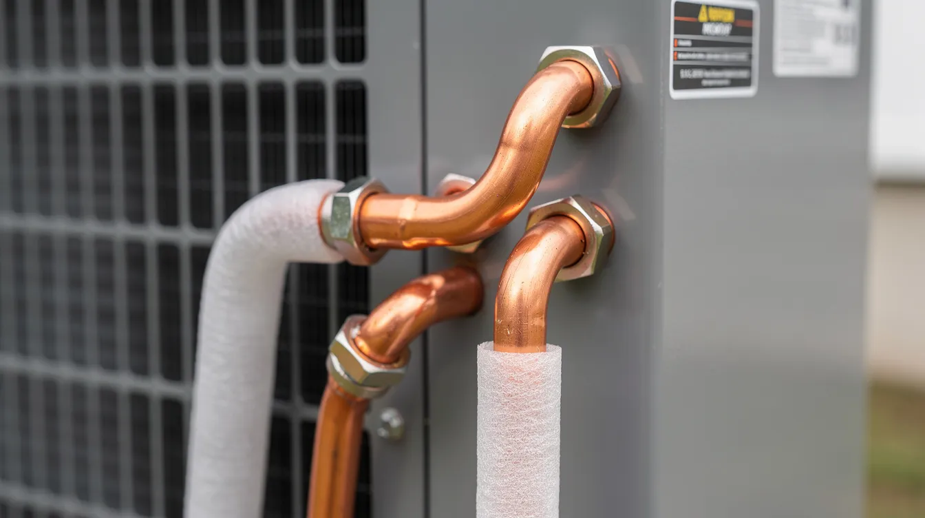 The image shows a close-up view of an air conditioning compressor, highlighting its copper refrigerant lines and various parts. The details emphasize the reliability of the product, which is essential for homeowners during installation and maintenance.