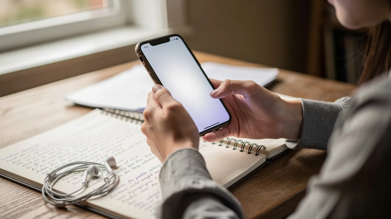 A user is holding a large smartphone next to open notebooks and earphones, highlighting the device's reliable battery life and features like face unlock and a powerful processor. The scene captures the essence of daily use, showcasing the smartphone as an essential tool for productivity and entertainment.