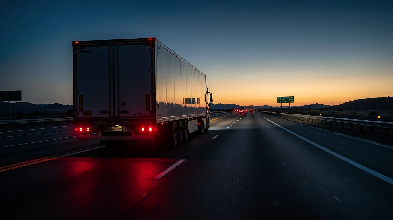 A commercial truck is seen traveling on a highway at dusk, with brake lights glowing in the distance. This image highlights the potential dangers of truck accidents, underscoring the importance of legal representation from an Albuquerque truck accident lawyer for victims involved in such incidents.