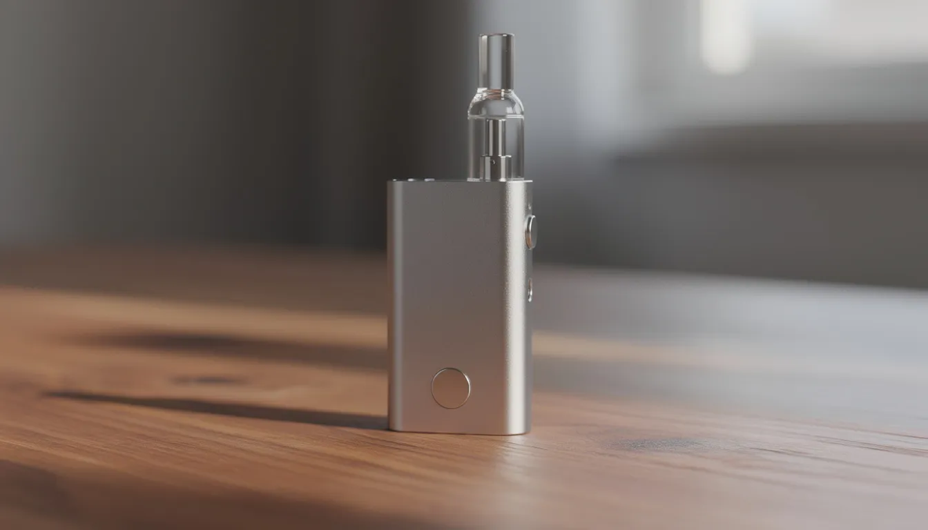 Das Bild zeigt einen tragbaren Vaporizer mit einem Glas-Mundstück, der auf einer Holzoberfläche platziert ist. Der Airvape Legacy Pro 2 zeichnet sich durch sein elegantes Design und die hochwertige Verarbeitung aus, die sowohl Benutzerfreundlichkeit als auch eine exzellente Dampfqualität verspricht.