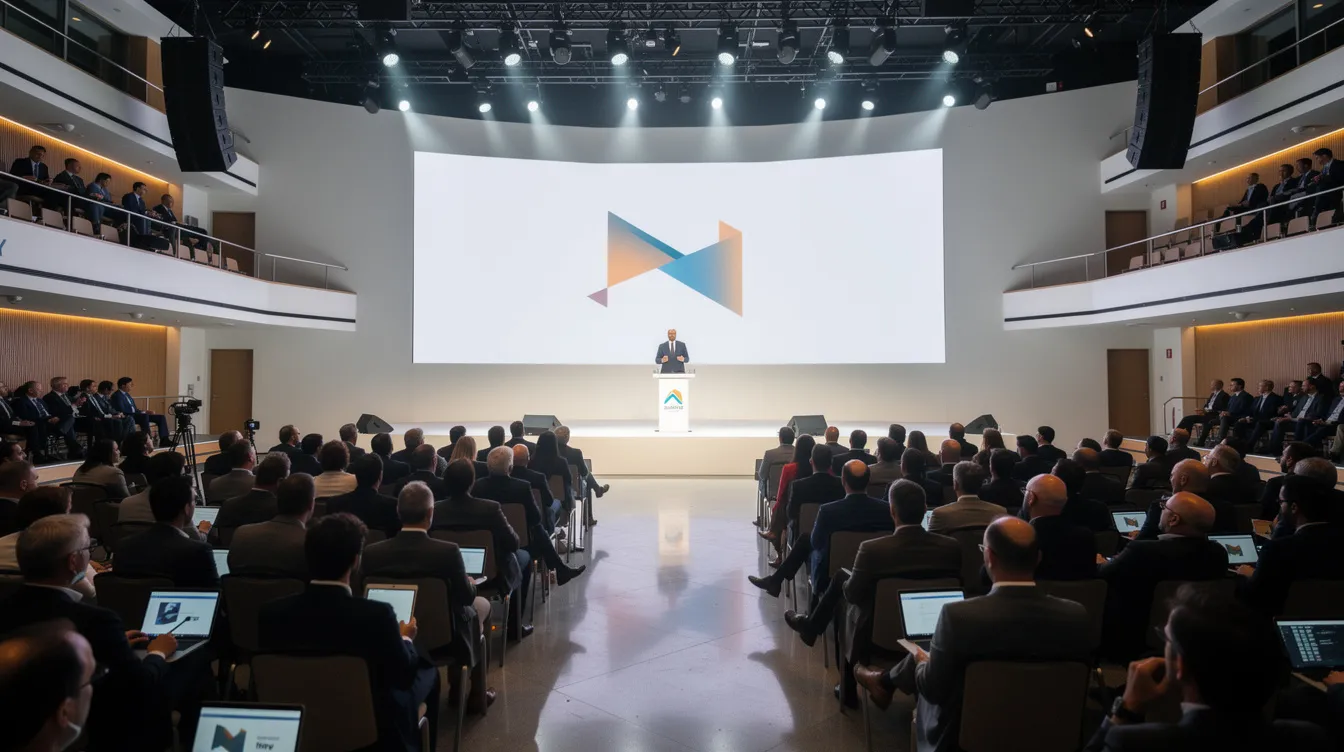 A leadership keynote speaker stands confidently on a brightly lit stage, engaging a large audience at a modern corporate conference venue. The speaker shares actionable strategies and insights on leadership development, aiming to motivate and inspire attendees from diverse backgrounds.