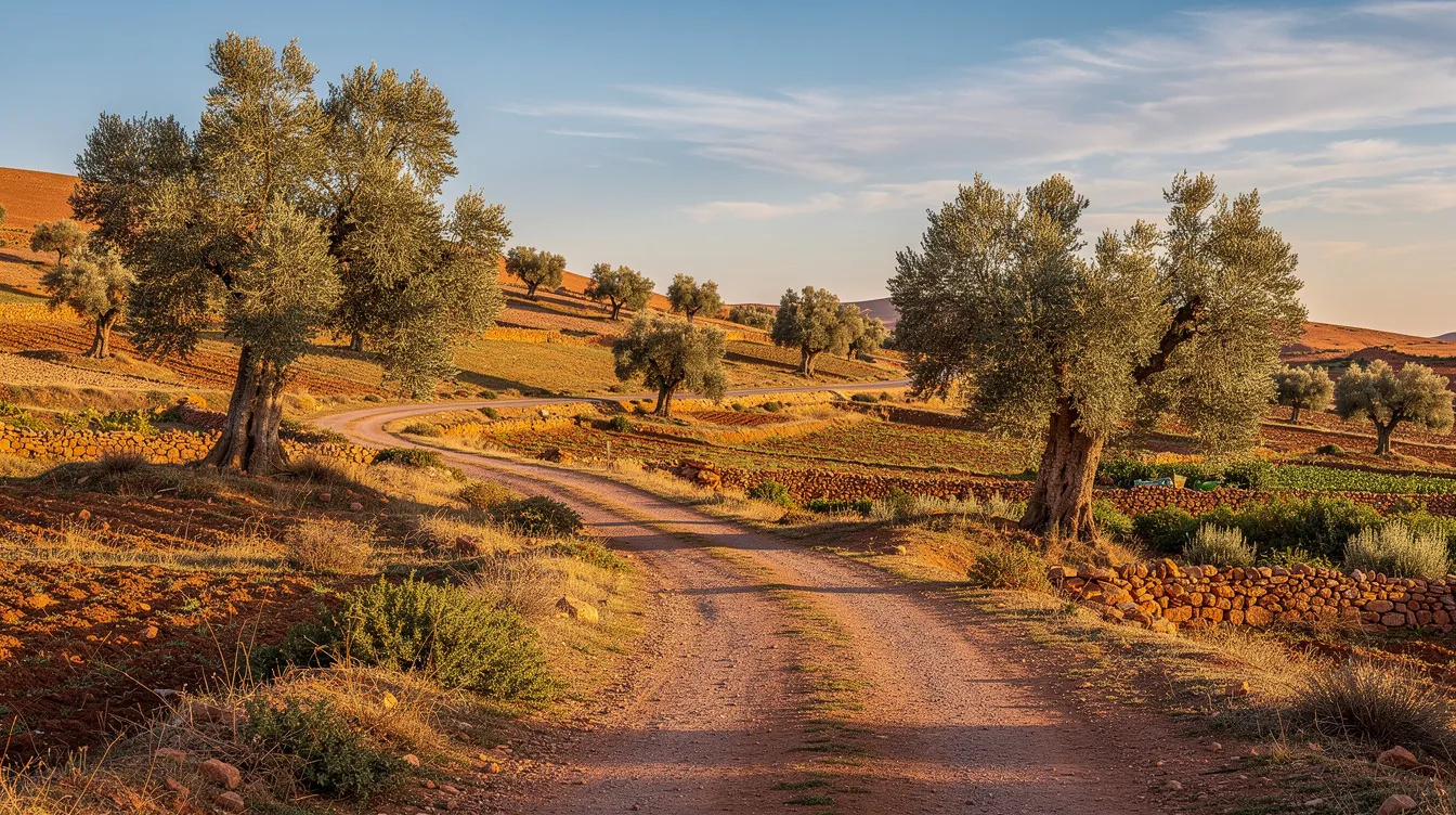 Une route de campagne sinueuse bordée d'oliviers dans la campagne marocaine.