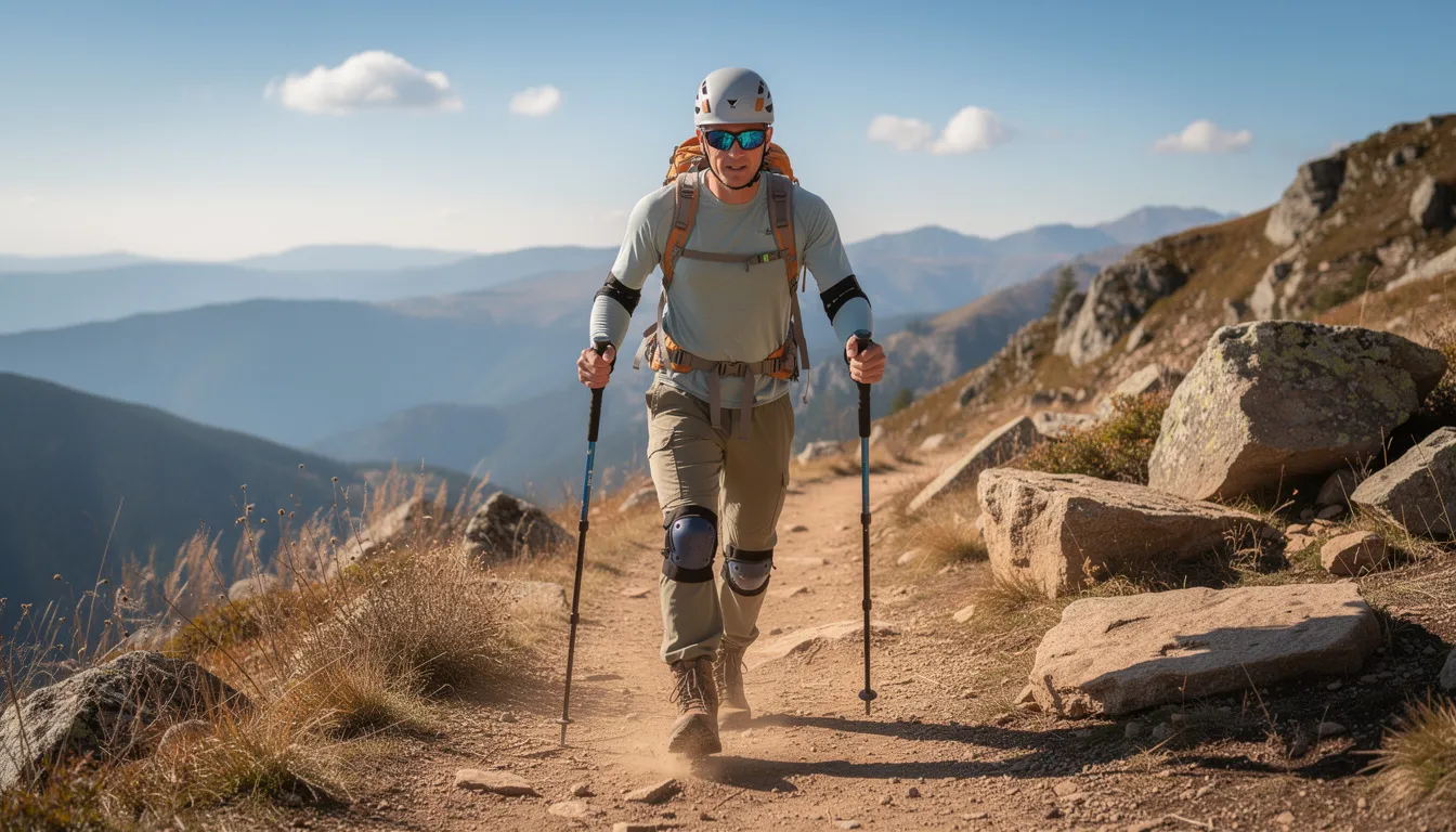 A hiker is navigating a mountain trail in warm weather while wearing protective gear, which helps prevent skin irritation and chafing. The individual is likely using anti chafing products to protect sensitive areas, ensuring comfort during their physical activity.