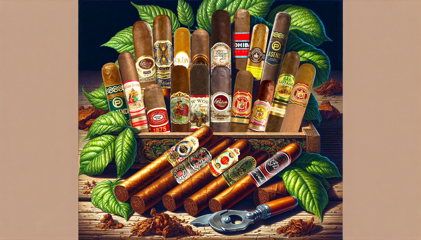 A collection of classic cigar brands displayed elegantly.