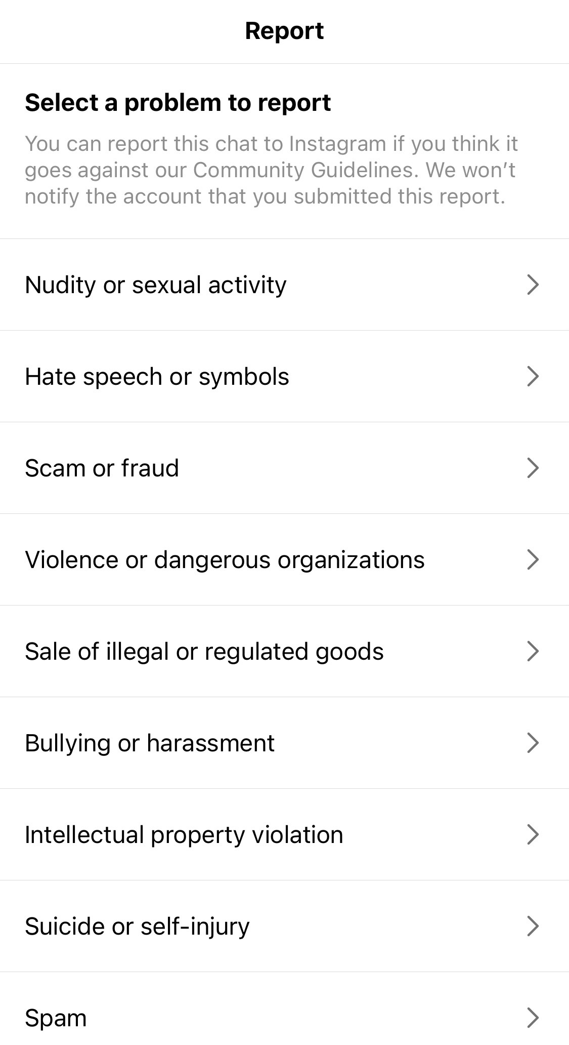 Screenshots of reasons to report abuse a message