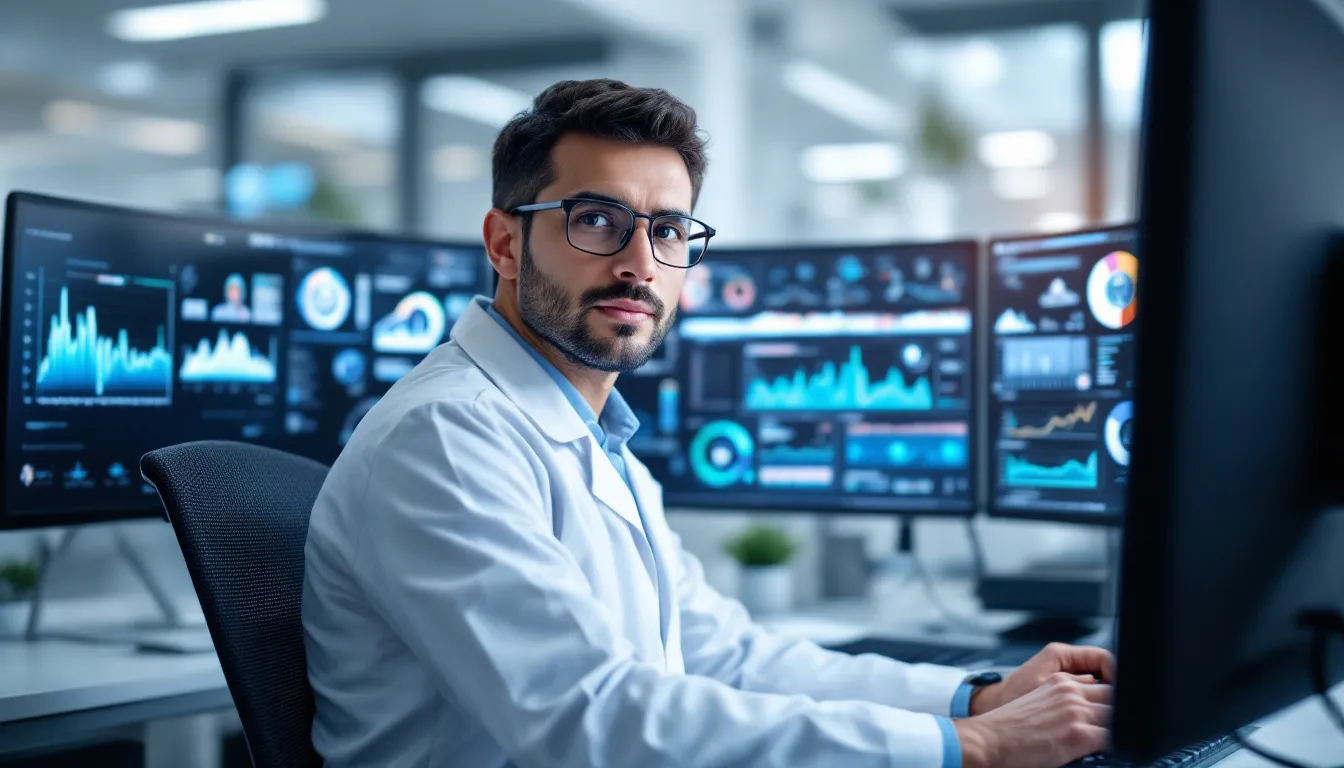 A healthcare professional is intently analyzing patient data displayed across multiple computer screens, which feature various machine learning algorithms and artificial intelligence systems. The setup illustrates the integration of advanced technologies, such as predictive analytics and data-driven insights, to optimize processes and enhance decision-making in a digital world.