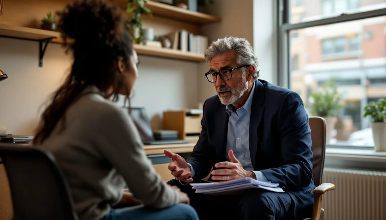 An experienced tenant rights lawyer explaining legal options to a tenant in Nashville.