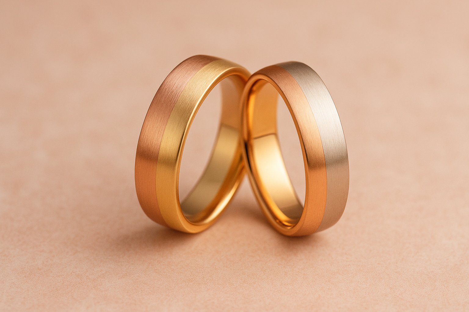 Mitme kullavärviga ombre-efektiga pulmasõrmused beežil taustal.