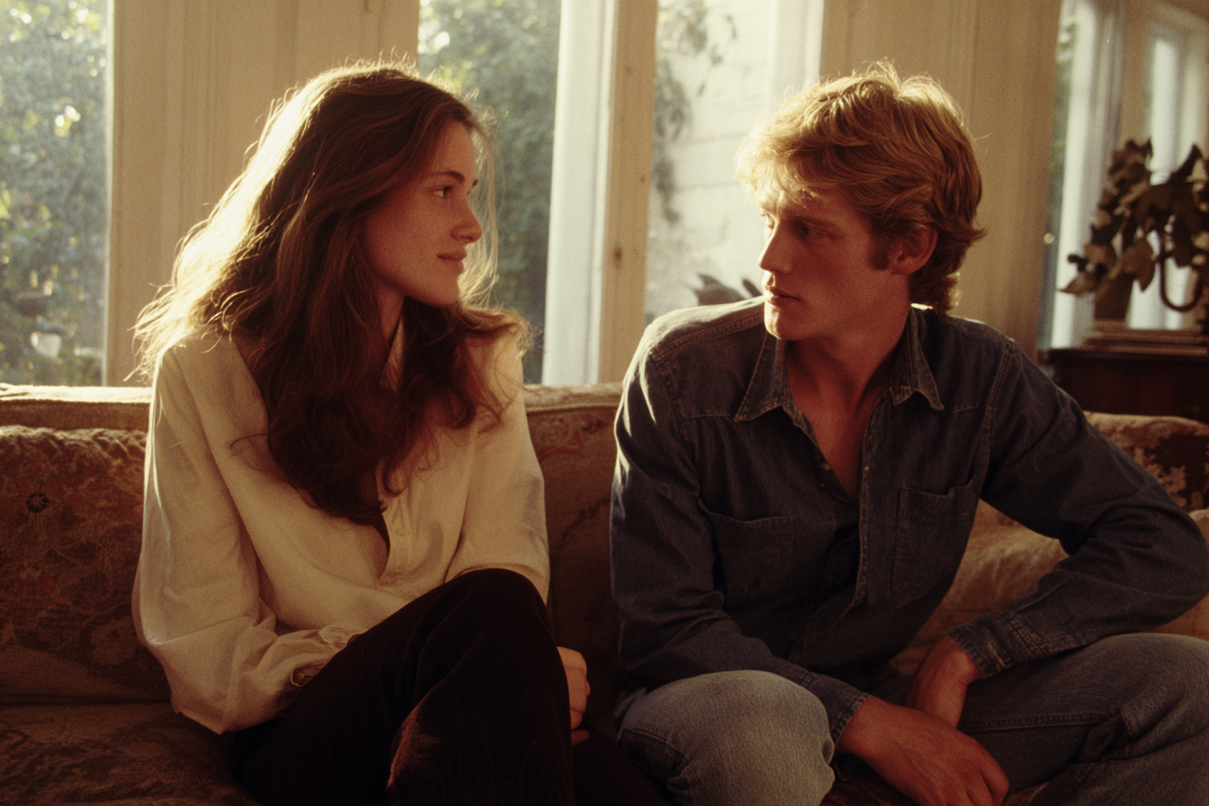 Heterosexual white couple in their late 20s and early 30s in a Brooklyn Heights parlor at golden hour, in a moment of emotional accessibility and vulnerability, capturing the kind of bonding event that EFT's restructuring stage creates.s.