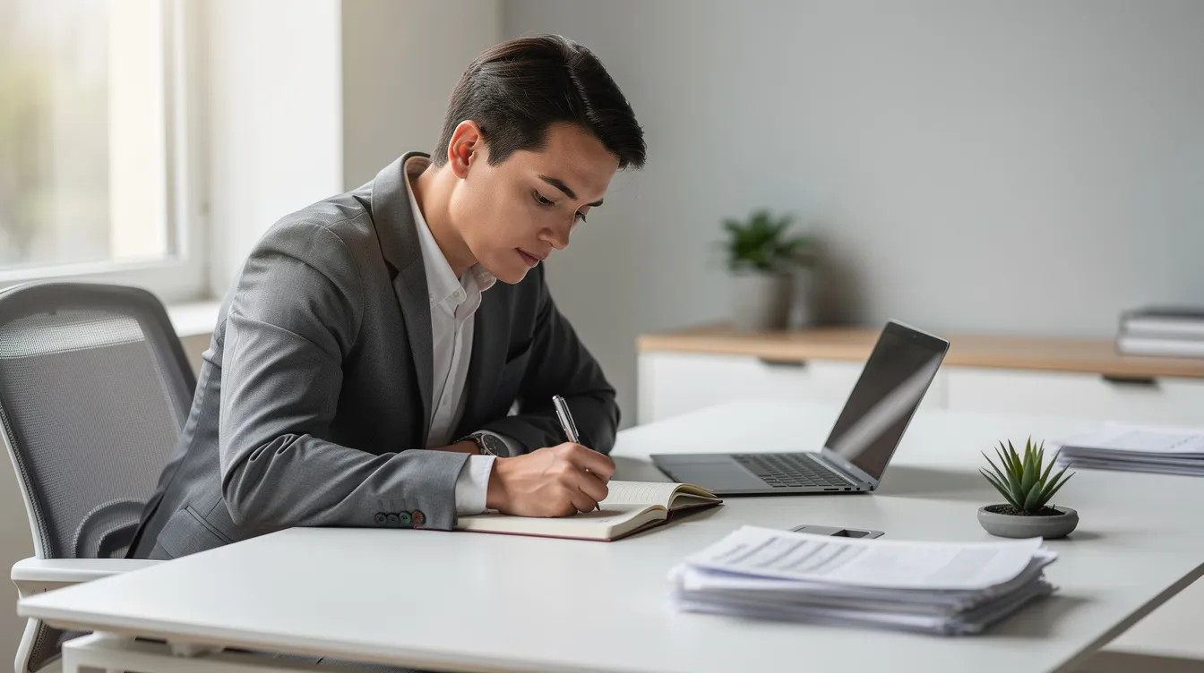 Un professionnel est assis dans un bureau moderne et calme, prenant des notes de réflexion dans un carnet, illustrant l'importance de la prise de décision et de la conscience de soi dans le développement de son style de leadership. Cette scène reflète les différents types de leadership et la manière dont un leader peut guider son équipe vers la réussite.