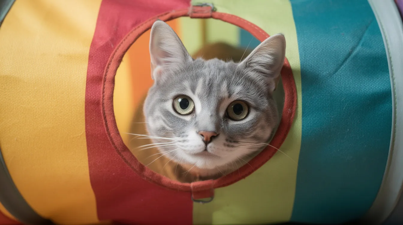 A curious cat is peeking through a round peek-hole in the side of a soft fabric play tunnel, showcasing its playful nature as it explores its new tunnel. This cat toy provides a fun space for indoor cats to hide, play, and chase, making it a favorite among many cats.